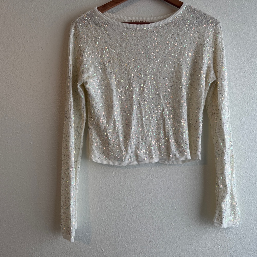 BHLDN Elegant Iridescent White Sequin Long Sleeve Sweater Bridal Cover Up Ananda - Picture 3 of 7